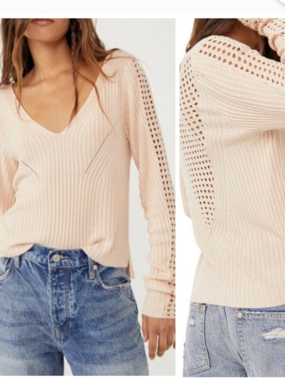 V-Neck Open-Stitch Ribbed Sweater - Blush Sz M